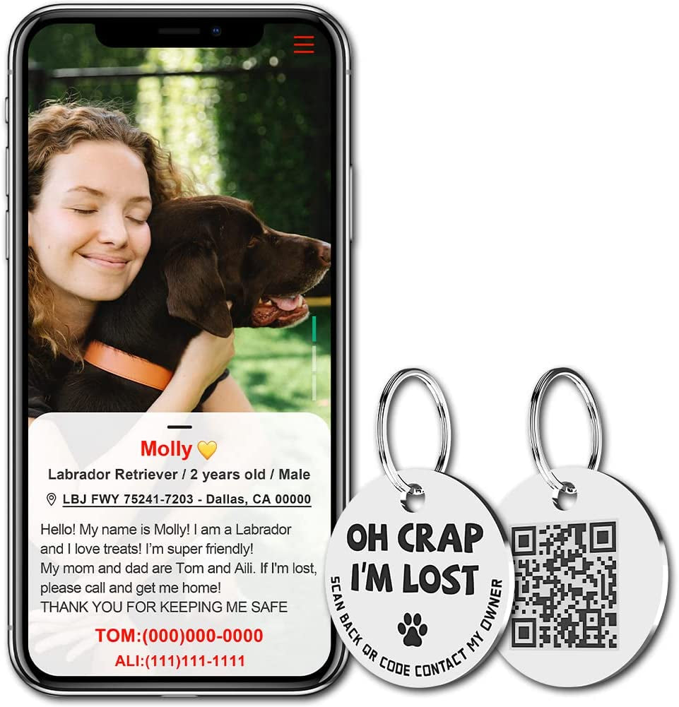 Stainless Steel QR Code Pet ID Tags Dog Tags - Pet Online Profile - Scan QR Receive Instant Pet Location Alert Email